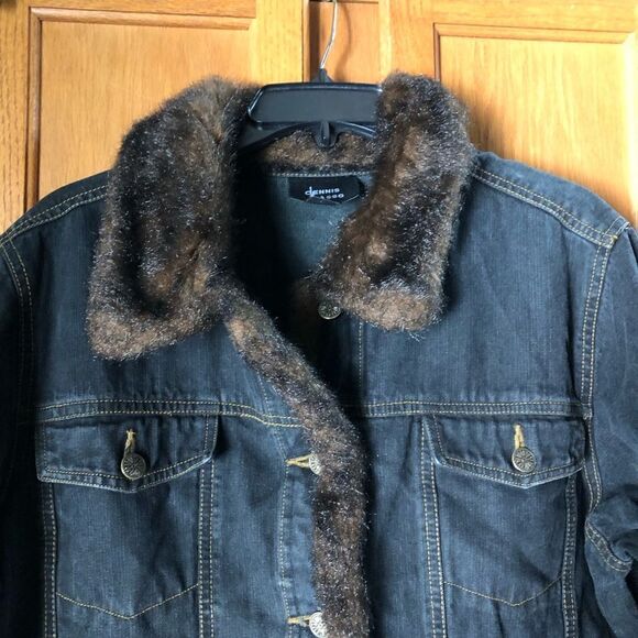 Dennis Basso Mob Wife Dark Denim Faux Fur Trim Jean Jacket - L - Picture 3 of 14